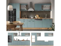 Vicco R-Line Küche Blau-Grau/Goldkraft Eiche 350 cm mit HochschrankAP Anthrazit ohne E-Geräte