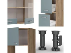 Vicco R-Line Küche Blau-Grau/Goldkraft Eiche 350 cm mit HochschrankAP Anthrazit ohne E-Geräte