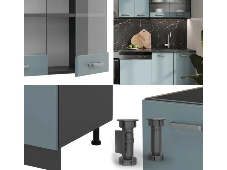 Vicco R-Line Küche Blau-Grau/Anthrazit 300 cm ohne Arbeitsplatte ohne E-Geräte