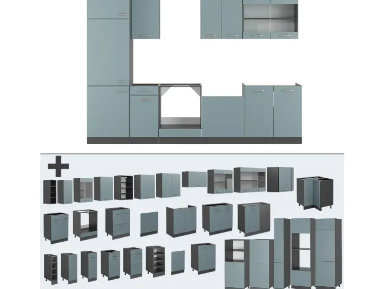 Vicco R-Line Küche Blau-Grau/Anthrazit 300 cm ohne Arbeitsplatte ohne E-Geräte