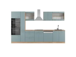 Vicco R-Line Küche Blau-Grau/Goldkraft Eiche 350 cm mit Hochschrankohne Arbeitsplatte ohne E-Geräte