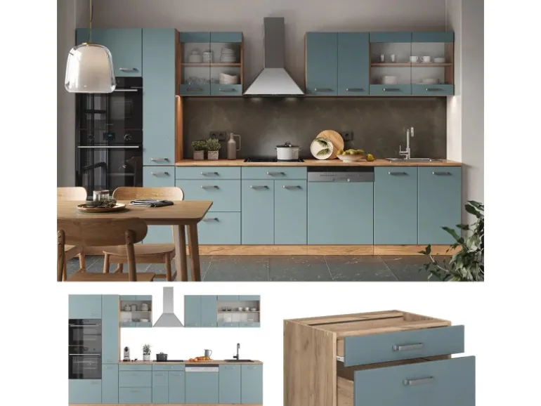 Vicco R-Line Küche Blau-Grau/Goldkraft Eiche 350 cm mit Hochschrankohne Arbeitsplatte ohne E-Geräte