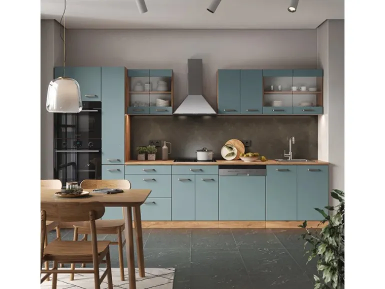 Vicco R-Line Küche Blau-Grau/Goldkraft Eiche 350 cm mit Hochschrankohne Arbeitsplatte ohne E-Geräte