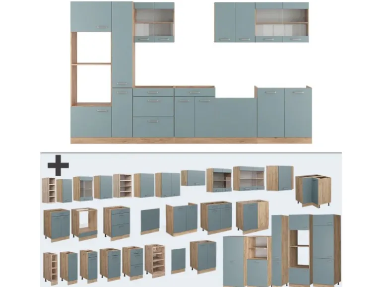 Vicco R-Line Küche Blau-Grau/Goldkraft Eiche 350 cm mit Hochschrankohne Arbeitsplatte ohne E-Geräte