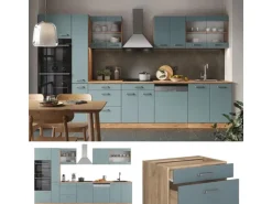 Vicco R-Line Küche Blau-Grau/Goldkraft Eiche 350 cm mit HochschrankAP Marmor ohne E-Geräte