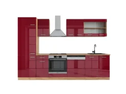 Vicco R-Line Küche Bordeaux Hochglanz/Goldkraft Eiche 300 cm ohne Arbeitsplatte ohne E-Geräte