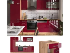 Vicco R-Line Küche Bordeaux Hochglanz/Goldkraft Eiche 300 cm ohne Arbeitsplatte ohne E-Geräte