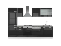 Vicco R-Line Küche Schwarz Hochglanz 300 cm AP Marmor ohne E-Geräte