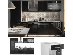 Vicco R-Line Küche Schwarz Hochglanz 300 cm AP Marmor ohne E-Geräte