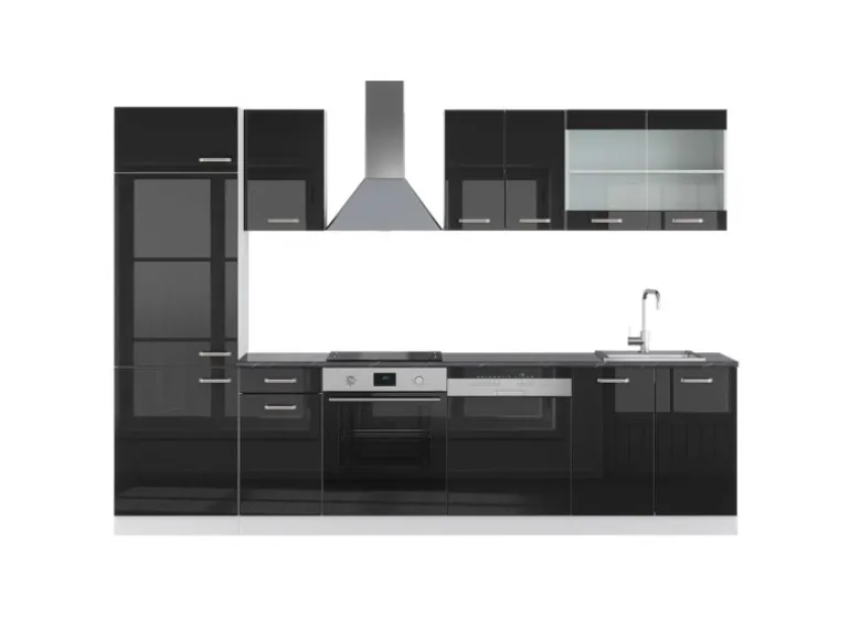 Vicco R-Line Küche Schwarz Hochglanz/Weiß 300 cm AP Anthrazit ohne E-Geräte