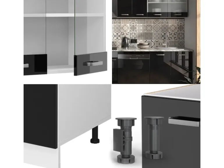 Vicco R-Line Küche Schwarz Hochglanz/Weiß 300 cm AP Anthrazit ohne E-Geräte