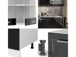 Vicco R-Line Küche Schwarz Hochglanz/Weiß 300 cm ohne Arbeitsplatte ohne E-Geräte