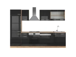 Vicco R-Line Küche Schwarz Hochglanz/Goldkraft Eiche 300 cm ohne Arbeitsplatte ohne E-Geräte