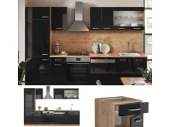 Vicco R-Line Küche Schwarz Hochglanz/Goldkraft Eiche 300 cm ohne Arbeitsplatte ohne E-Geräte