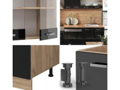 Vicco R-Line Küche Schwarz Hochglanz/Goldkraft Eiche 300 cm ohne Arbeitsplatte ohne E-Geräte