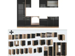 Vicco R-Line Küche Schwarz Hochglanz/Goldkraft Eiche 300 cm ohne Arbeitsplatte ohne E-Geräte