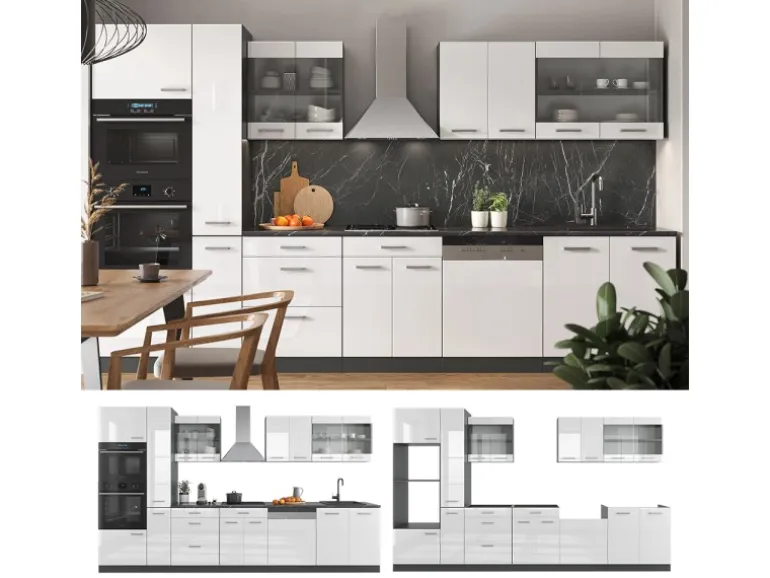 Vicco R-Line Küche Weiß Hochglanz/Anthrazit 350 cm mit HochschrankAP Eiche ohne E-Geräte