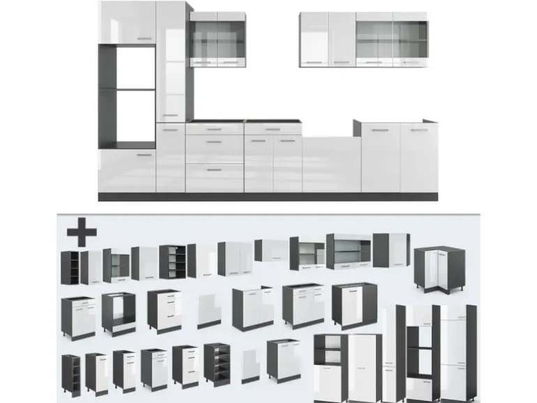 Vicco R-Line Küche Weiß Hochglanz/Anthrazit 350 cm mit HochschrankAP Eiche ohne E-Geräte