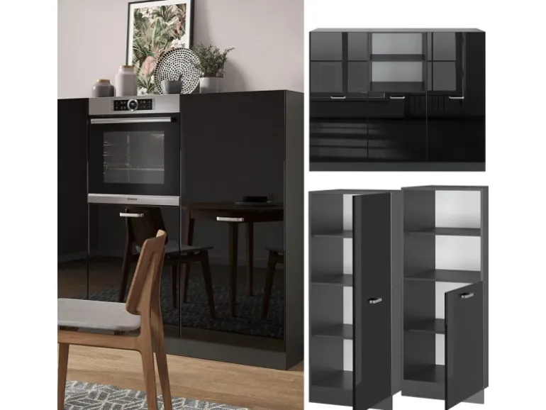 Vicco R-Line Küchenblock Schwarz Hochglanz/Anthrazit 180 cm ohne Arbeitsplatte ohne E-Geräte