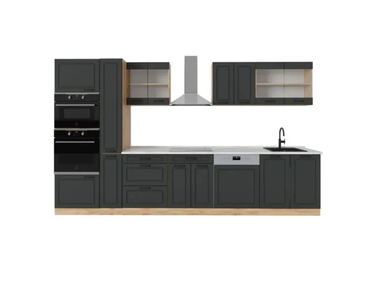 Vicco R-Line Küchenzeile Anthrazit Landhaus/Goldkraft Eiche 350 cm AP Marmor ohne E-Geräte