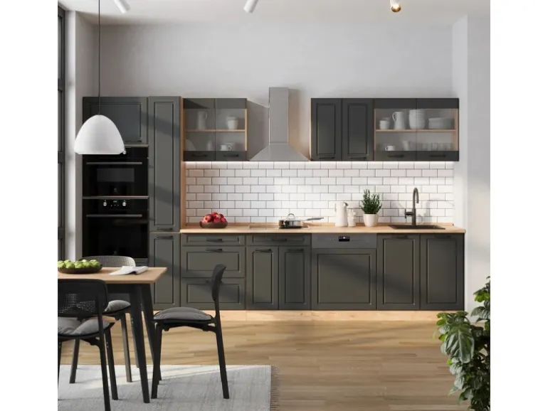 Vicco R-Line Küchenzeile Anthrazit Landhaus/Goldkraft Eiche 350 cm AP Marmor ohne E-Geräte