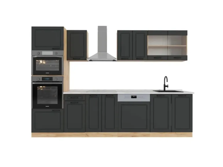 Vicco R-Line Küchenzeile Anthrazit Landhaus/Goldkraft Eiche 300 cm mit HochschrankAP Marmor ohne E-Geräte