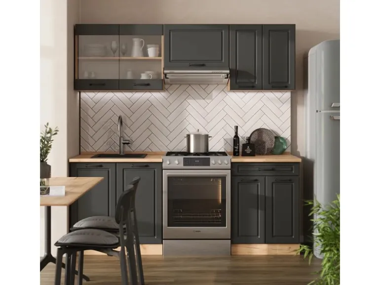 Vicco R-Line Küchenzeile Anthrazit Landhaus/Goldkraft Eiche 200 cm ohne Arbeitsplatte ohne E-Geräte