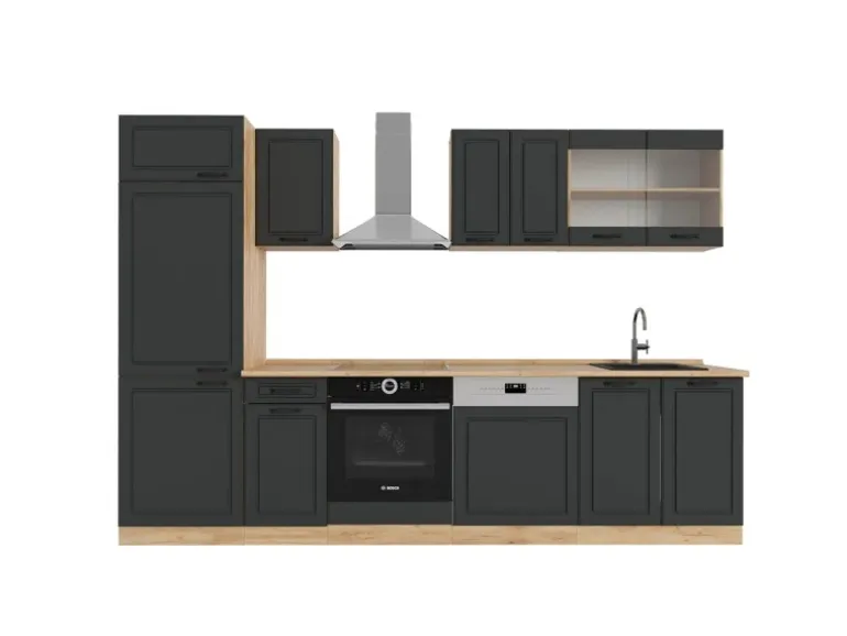 Vicco R-Line Küchenzeile Anthrazit Landhaus/Goldkraft Eiche 300 cm AP Eiche ohne E-Geräte