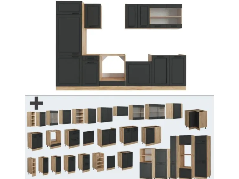 Vicco R-Line Küchenzeile Anthrazit Landhaus/Goldkraft Eiche 300 cm AP Eiche ohne E-Geräte