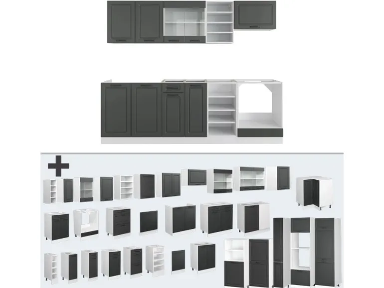 Vicco R-Line Küchenzeile Anthrazit Landhaus/Weiß 240 cm ohne Arbeitsplatte ohne E-Geräte