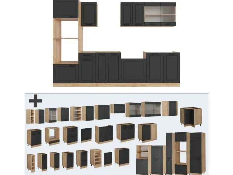 Vicco R-Line Küchenzeile Anthrazit Landhaus/Goldkraft Eiche 300 cm mit HochschrankAP Eiche ohne E-Geräte