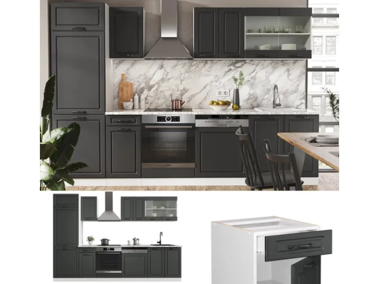 Vicco R-Line Küchenzeile Anthrazit Landhaus/Weiß 300 cm AP Eiche ohne E-Geräte