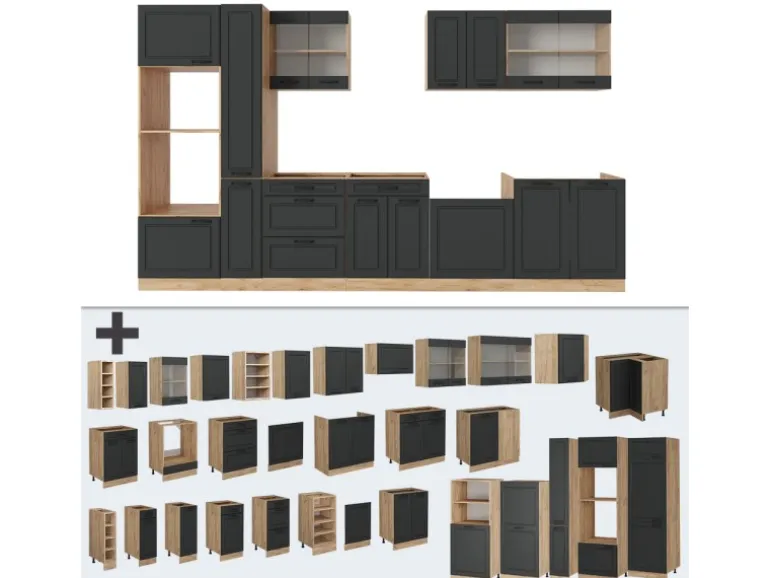 Vicco R-Line Küchenzeile Anthrazit Landhaus/Goldkraft Eiche 350 cm AP Eiche ohne E-Geräte