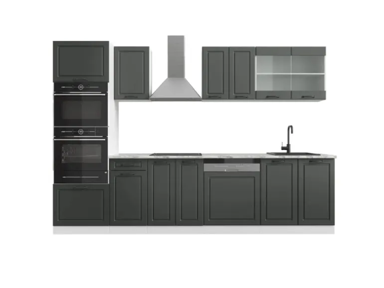 Vicco R-Line Küchenzeile Anthrazit Landhaus/Weiß 300 cm mit HochschrankAP Marmor ohne E-Geräte