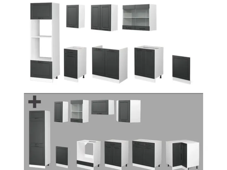 Vicco R-Line Küchenzeile Anthrazit Landhaus/Weiß 300 cm mit HochschrankAP Marmor ohne E-Geräte