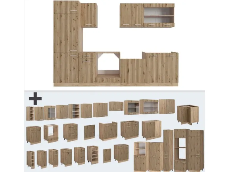Vicco R-Line Küchenzeile Artisan-Eiche/Goldkraft Eiche 300 cm AP Eiche ohne E-Geräte