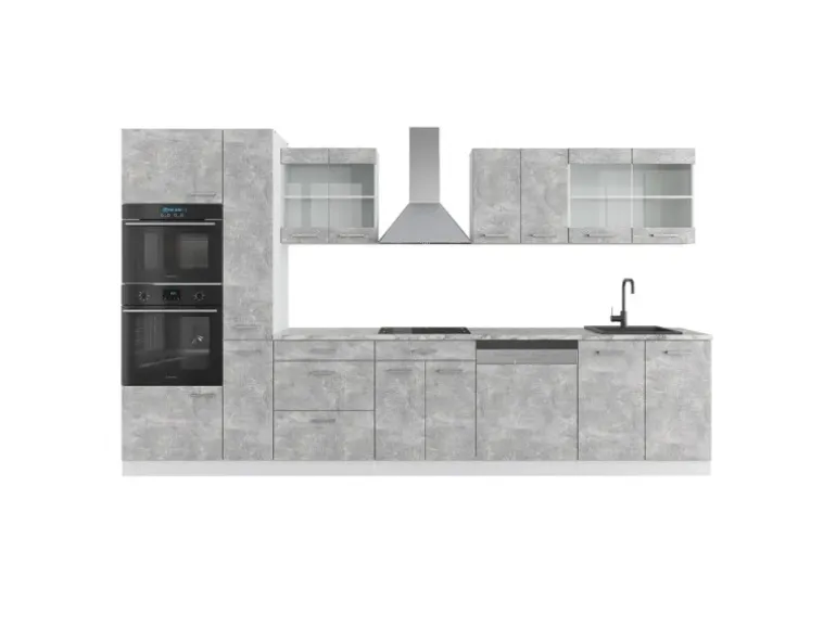 Vicco R-Line Küchenzeile Beton/Weiß 350 cm mit Hochschrankohne Arbeitsplatte ohne E-Geräte