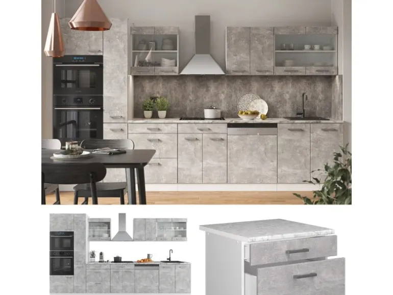 Vicco R-Line Küchenzeile Beton/Weiß 350 cm mit Hochschrankohne Arbeitsplatte ohne E-Geräte