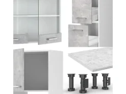 Vicco R-Line Küchenzeile Beton/Weiß 350 cm mit Hochschrankohne Arbeitsplatte ohne E-Geräte