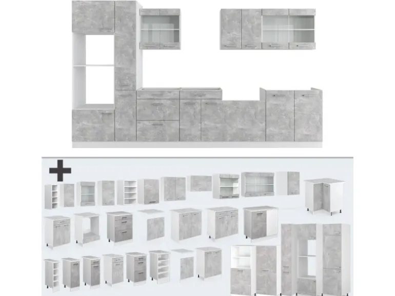 Vicco R-Line Küchenzeile Beton/Weiß 350 cm mit Hochschrankohne Arbeitsplatte ohne E-Geräte