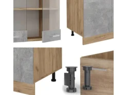 Vicco R-Line Küchenzeile Beton/Goldkraft Eiche 300 cm mit HochschrankAP Marmor ohne E-Geräte