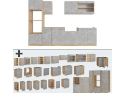 Vicco R-Line Küchenzeile Beton/Goldkraft Eiche 300 cm mit HochschrankAP Marmor ohne E-Geräte