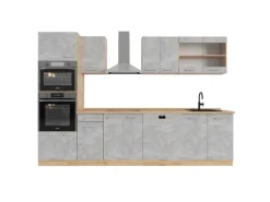 Vicco R-Line Küchenzeile Beton/Goldkraft Eiche 300 cm mit HochschrankAP Eiche ohne E-Geräte