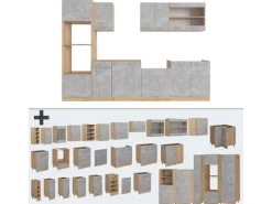 Vicco R-Line Küchenzeile Beton/Goldkraft Eiche 300 cm mit HochschrankAP Eiche ohne E-Geräte