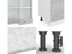 Vicco R-Line Küchenzeile Beton/Weiß 300 cm mit HochschrankAP Eiche ohne E-Geräte