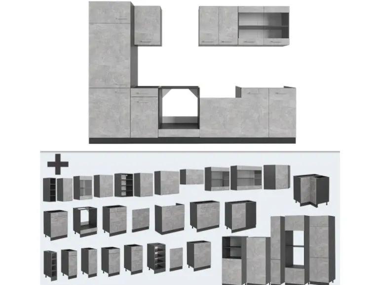 Vicco R-Line Küchenzeile Beton/Anthrazit 300 cm ohne Arbeitsplatte ohne E-Geräte