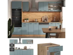 Vicco R-Line Küchenzeile Blau-Grau/Goldkraft Eiche 300 cm mit HochschrankAP Marmor ohne E-Geräte