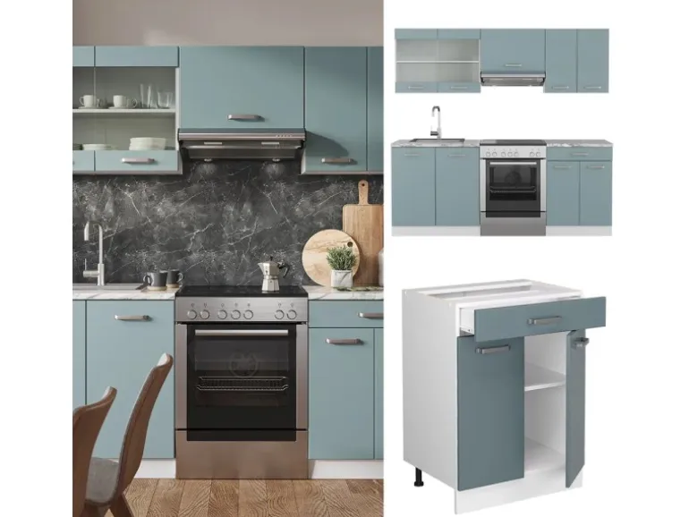 Vicco R-Line Küchenzeile Blau-Grau/Weiß 200 cm ohne Arbeitsplatte ohne E-Geräte