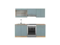 Vicco R-Line Küchenzeile Blau-Grau/Goldkraft Eiche 200 cm AP Eiche ohne E-Geräte