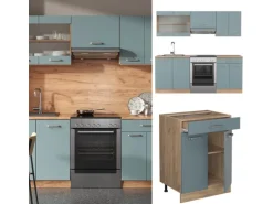 Vicco R-Line Küchenzeile Blau-Grau/Goldkraft Eiche 200 cm AP Eiche ohne E-Geräte